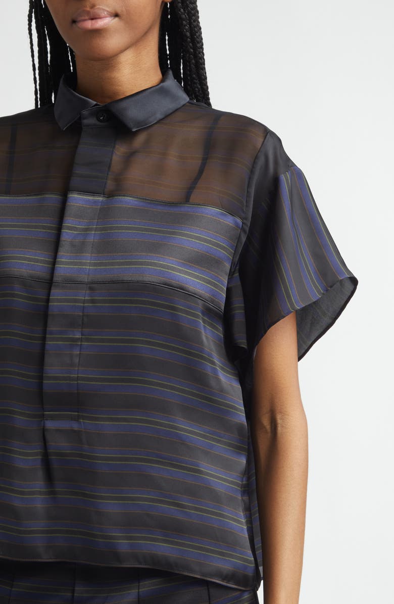 Sacai Short Sleeve Mixed Media Button-Up Shirt, Alternate, color, Black/ Navy