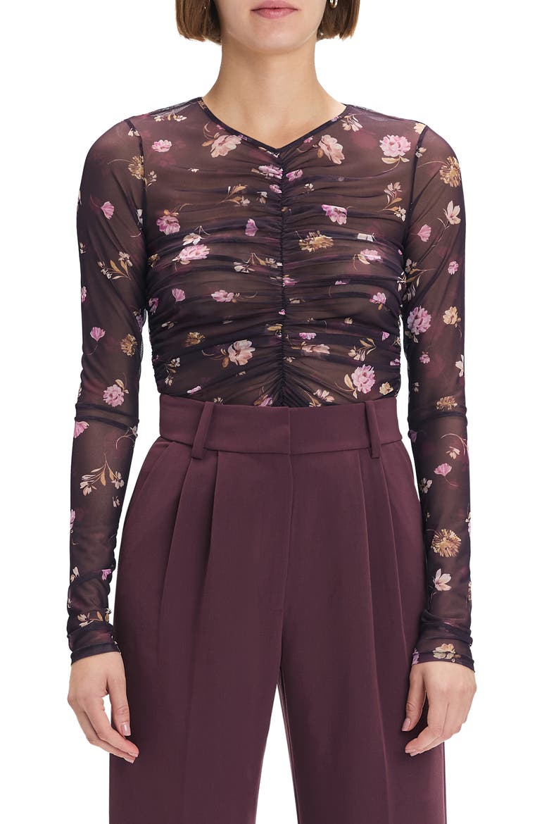 Ruched Sheer Stretch Mesh Top, Main, color, WHIMSICAL MONET
