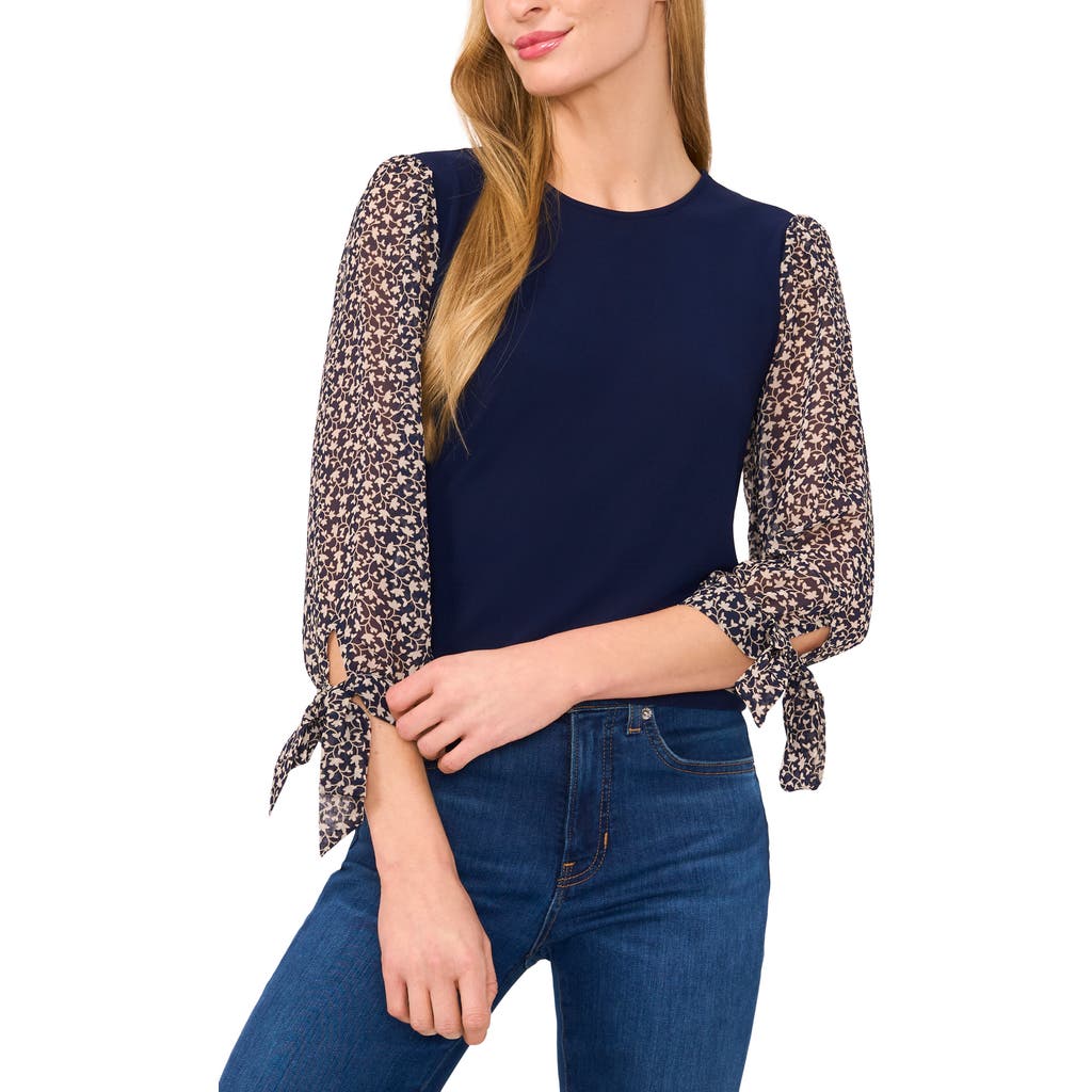 Cece Tie Cuff Mixed Media Crepe Knit Top