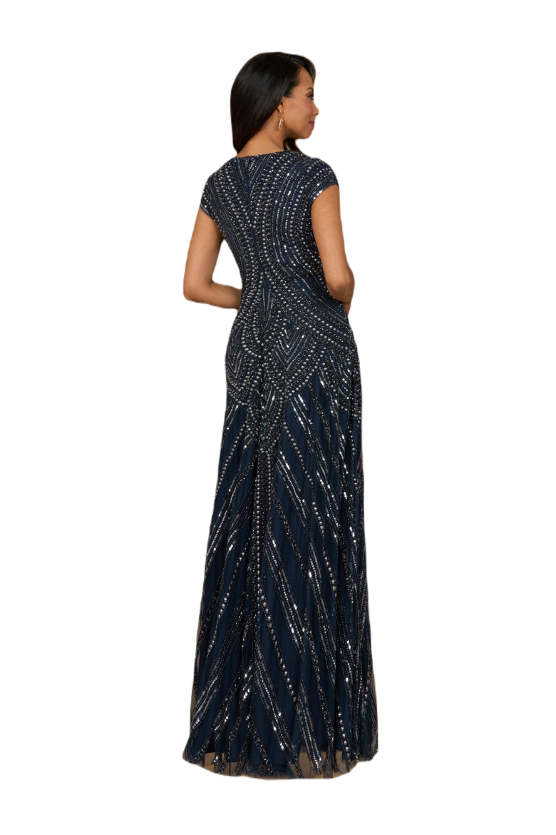 Cap Sleeve Beaded A-Line Gown, Alternate, color, Navy