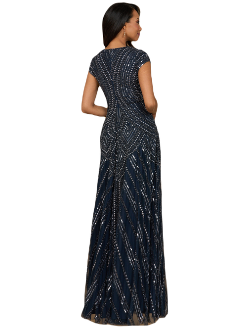 Lara New York Cap Sleeve Beaded A-line Gown In Navy