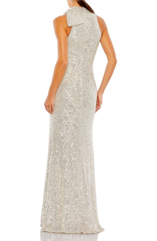 MAC DUGGAL MAC DUGGAL SEQUIN MESH GOWN WITH HIGH NECKLINE & STATEMENT SHOULDER BOW