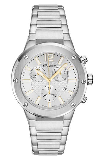 Ferragamo Guilloche Quartz Bracelet Watch, 42mm In Silver