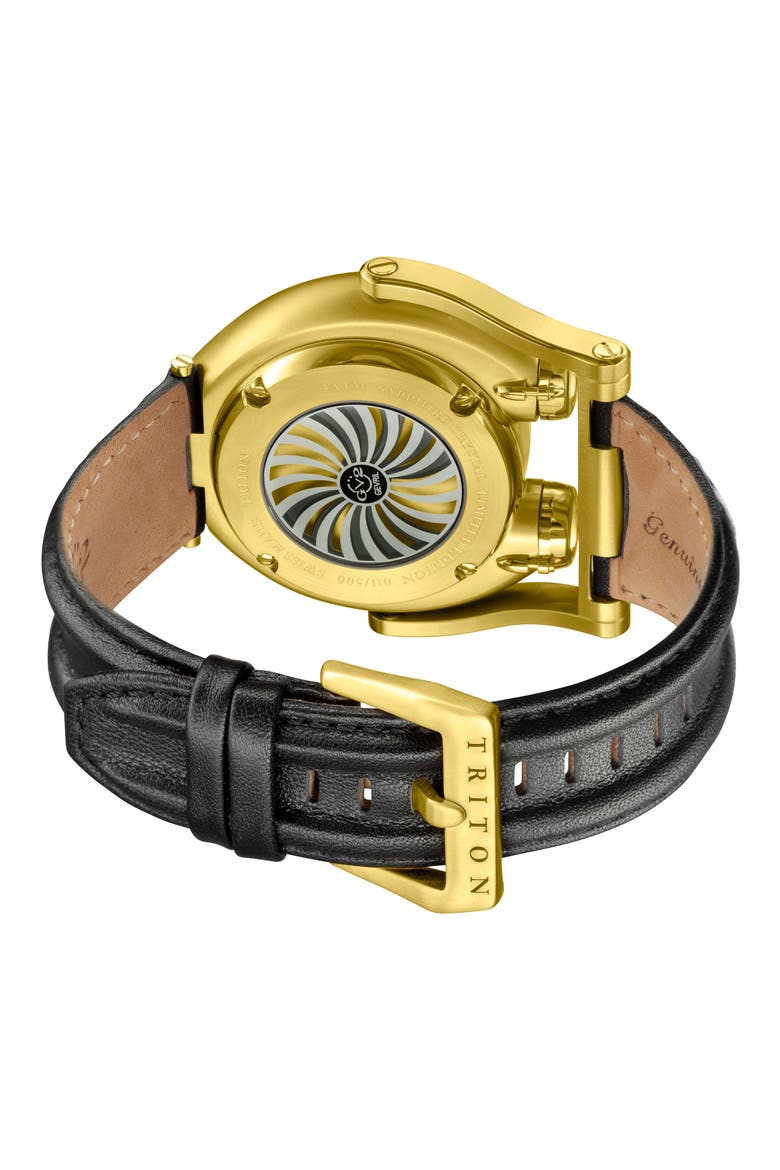 Triton Swiss Automatic Leather Strap Watch, 49mm, Alternate, color, BLACK