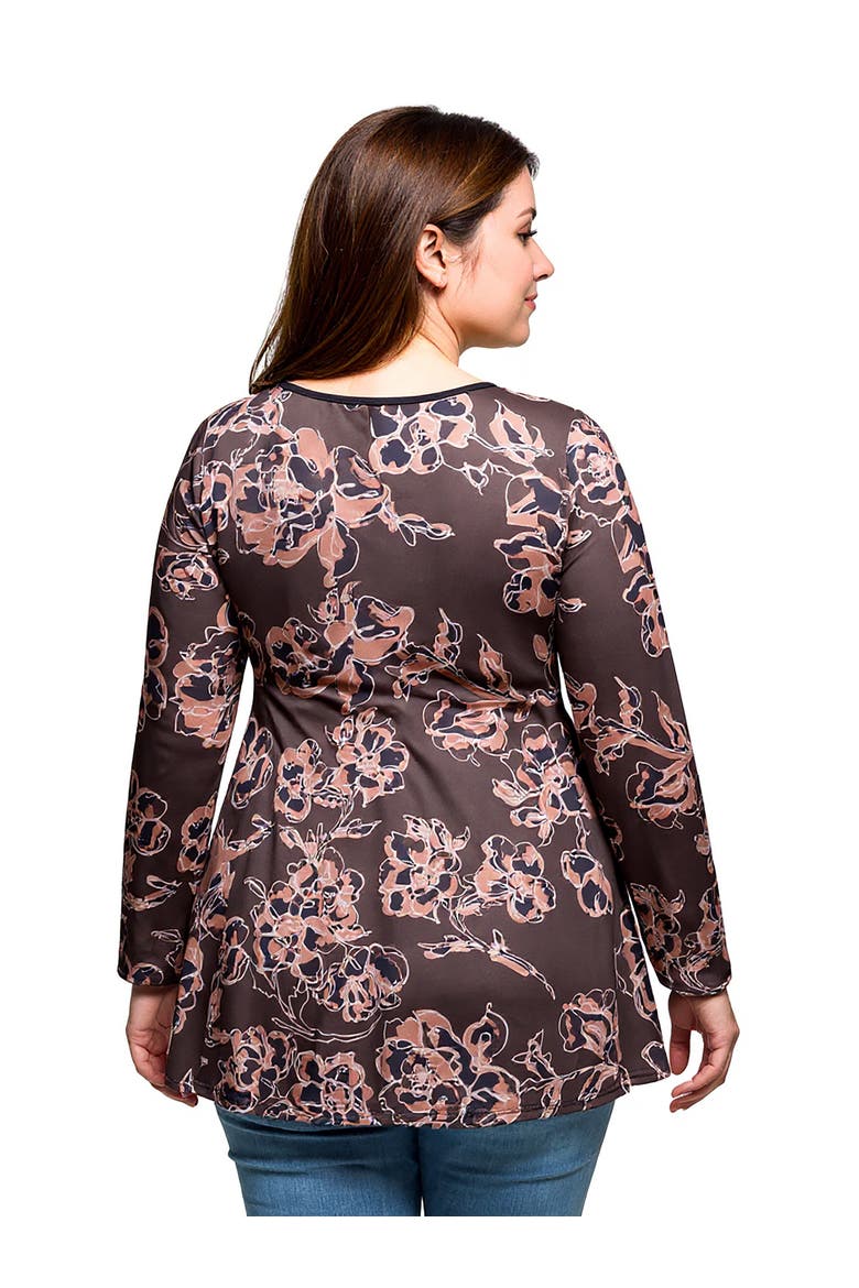 Plus Size Floral Print Long Sleeve Tunic Top, Alternate, color, Brown Multi