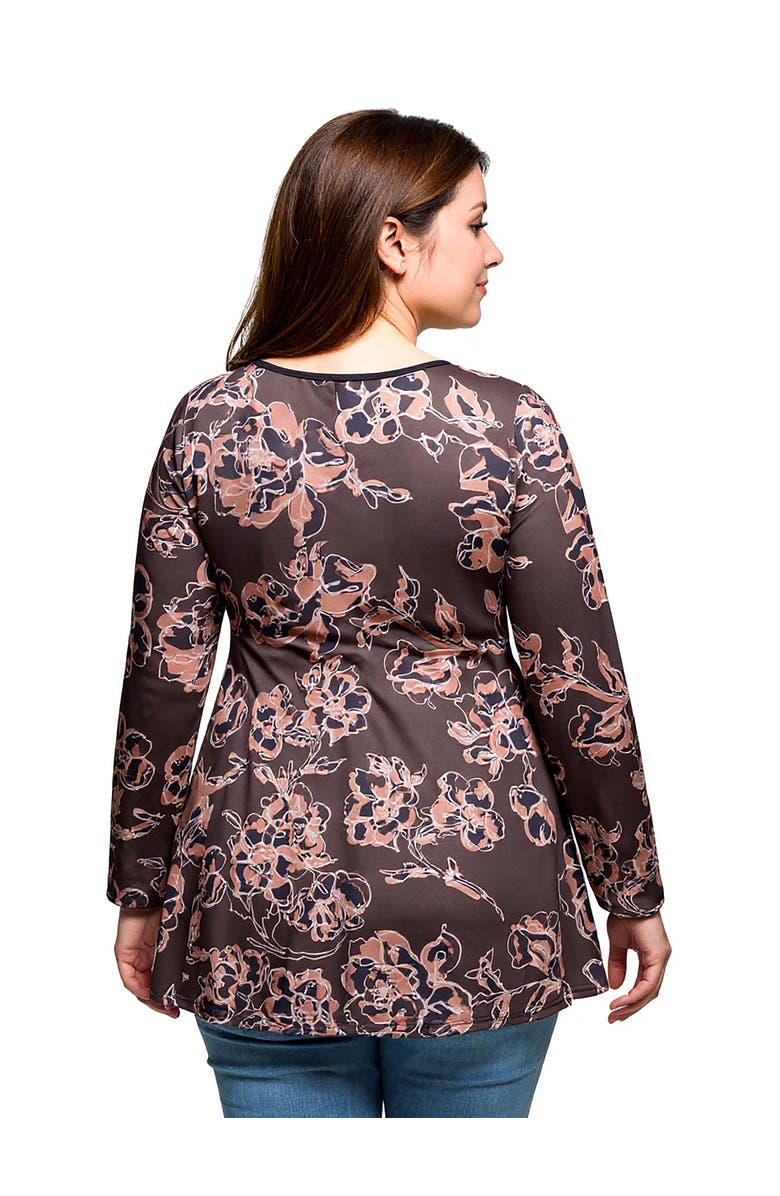 24seven Comfort Apparel Plus Size Floral Print Long Sleeve Tunic Top, Alternate, color, Brown Multi