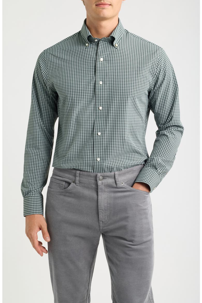 Eugene Tailored Fit Check Performance Poplin Button-Down Shirt, Main, color, DARK OLIVE
