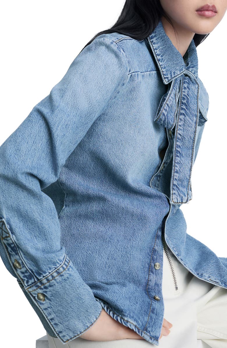MANGO Denim Tie Neck Button-Up Shirt, Alternate, color,