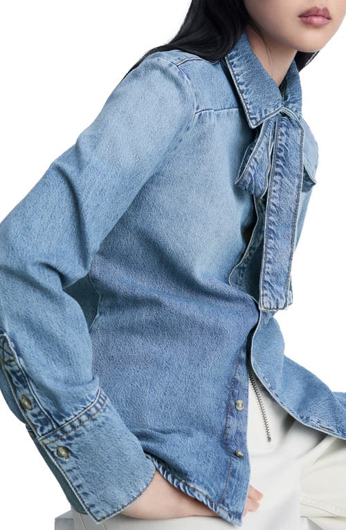 Shop Mango Denim Tie Neck Button-up Shirt In Medium Blue