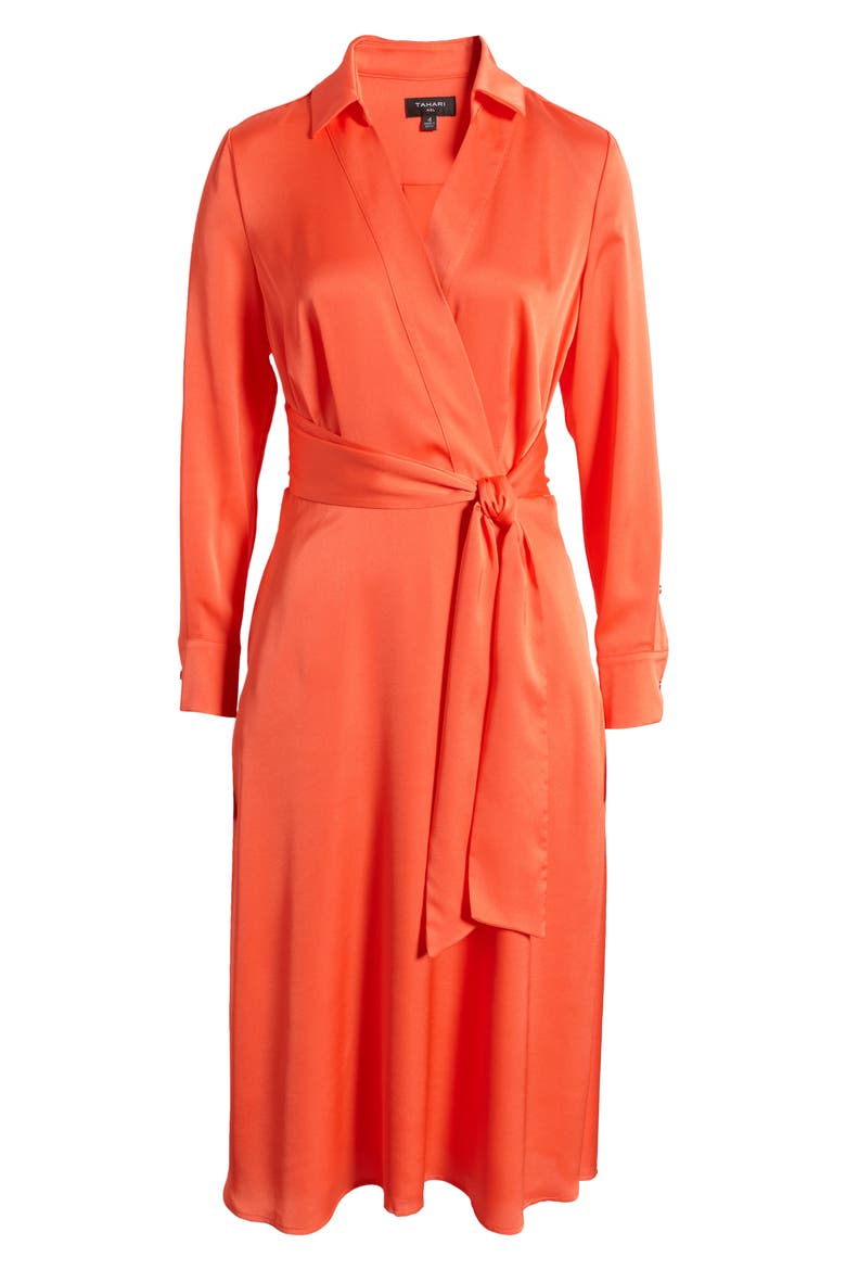 Wrap Front Long Sleeve Hammered Satin Midi Shirtdress, Alternate, color, MELON