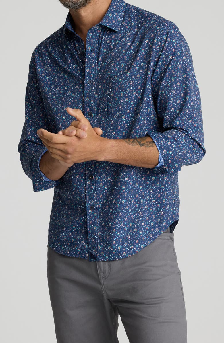 UNTUCKit Millerford Floral Performance Button-Up Shirt, Main, color, Navy Teal Red