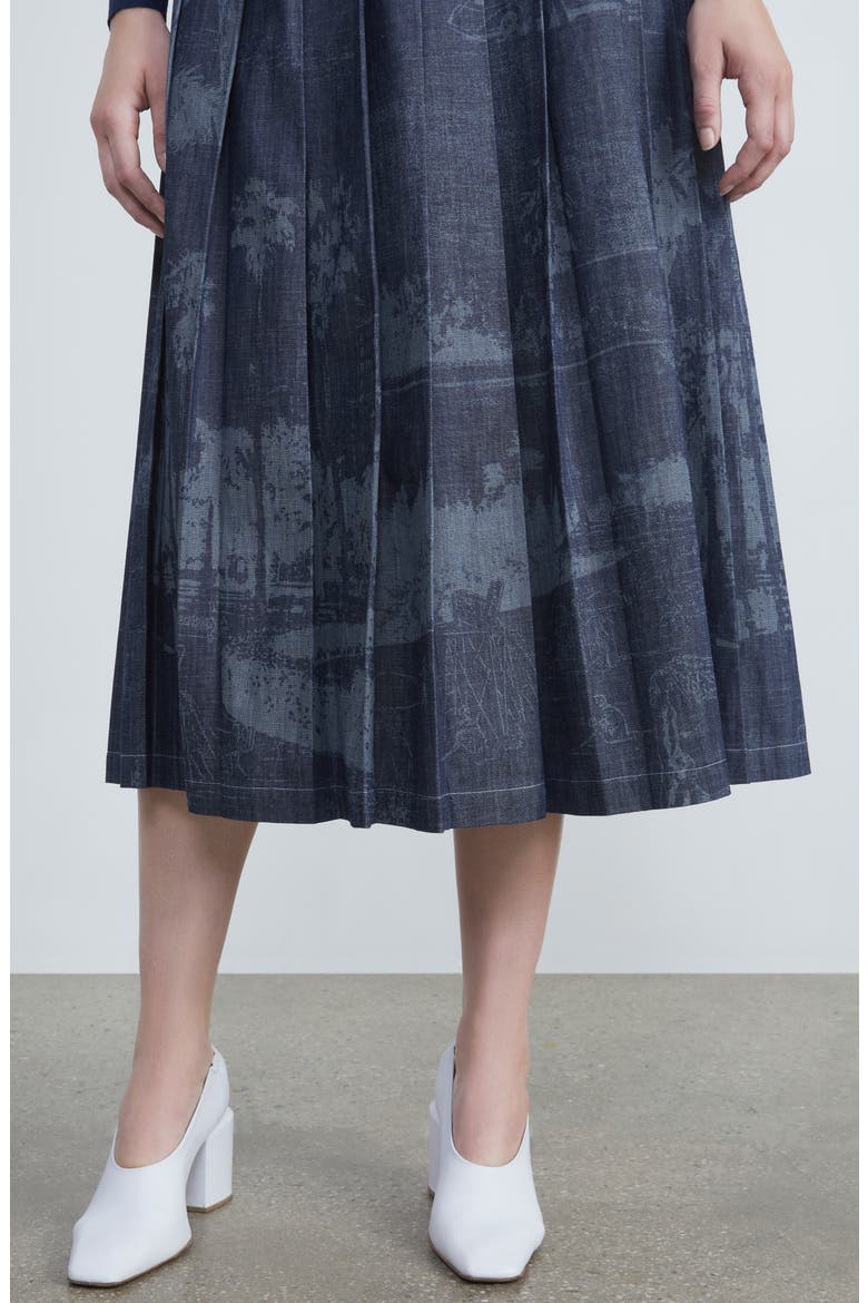 Landscape Print Pleated Nonstretch Denim Skirt, Alternate, color, SHIPYARD INDIGO MULTI
