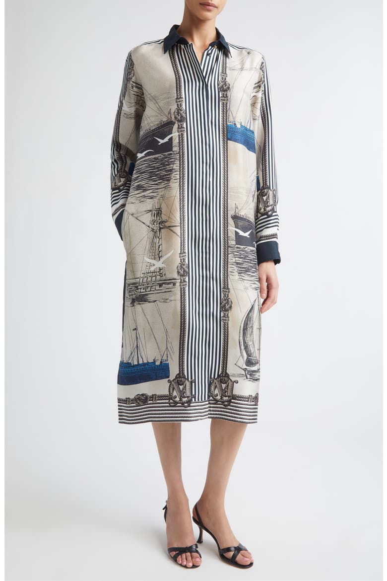 Mariner Print Long Sleeve Silk Midi Shirtdress, Main, color, STONE