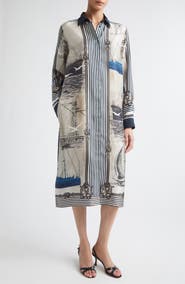 Max Mara Mariner Print Long Sleeve Silk Midi Shirtdress