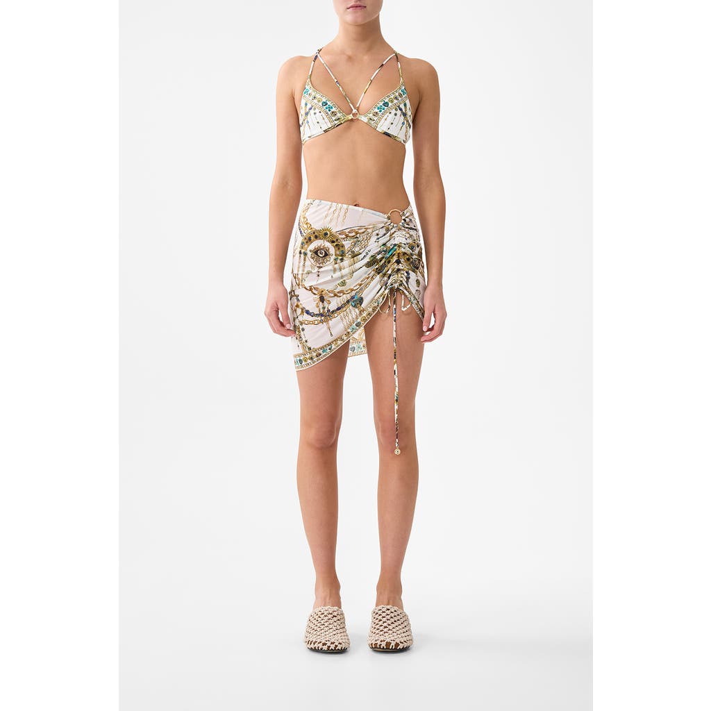 Camilla Ruched Short Sarong With Ring Front Trim In Blue