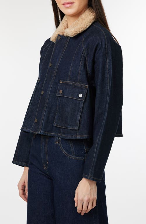 Habitual Faux Shearling Collar Crop Barn Jacket In Blue