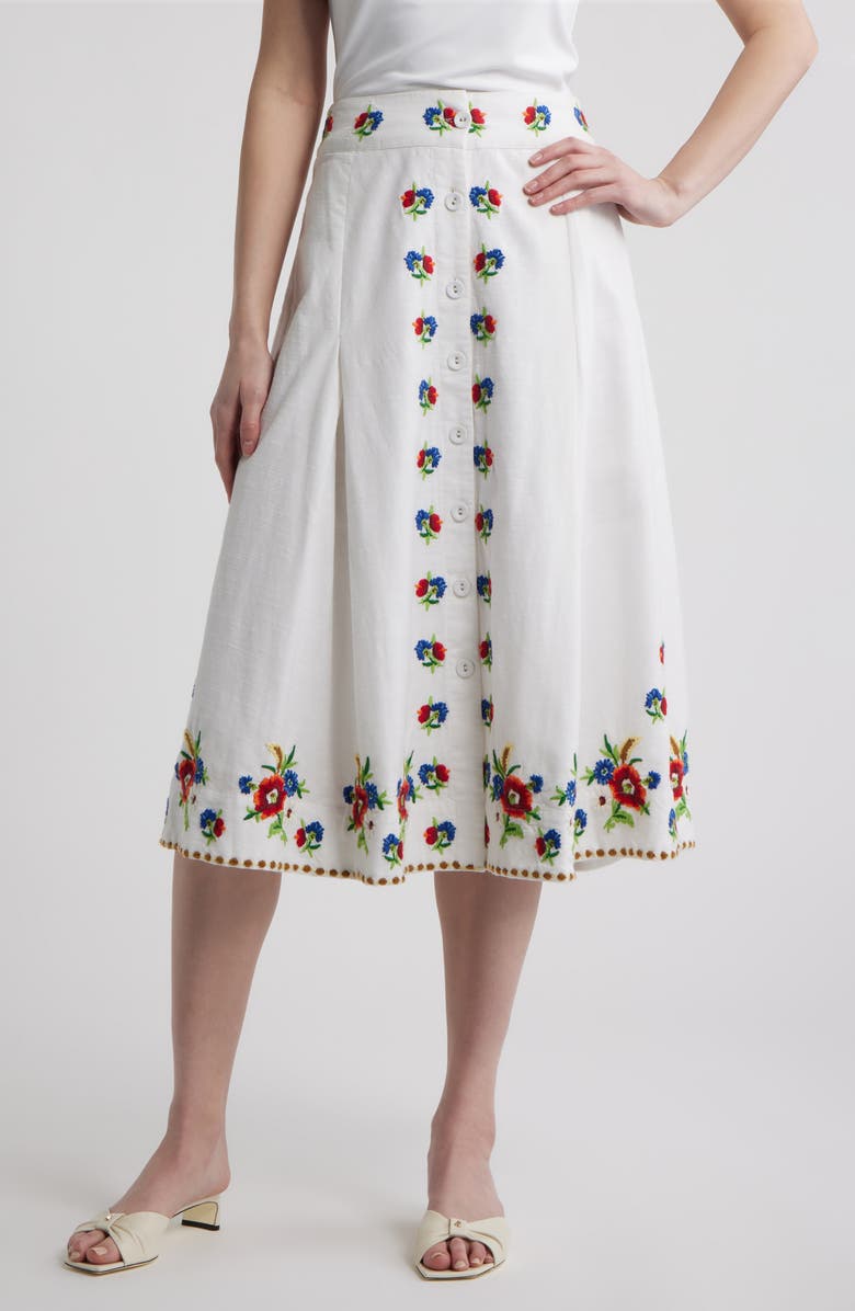 LOVE THE LABEL Berri Floral Embroidery Midi Skirt, Main, color, May Morris Embroidery