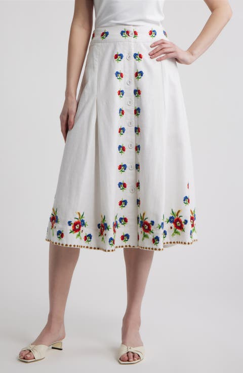 Berri Floral Embroidery Midi Skirt
