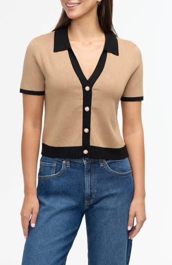 Ellen Tracy Tipped Polo Sweater In Camel