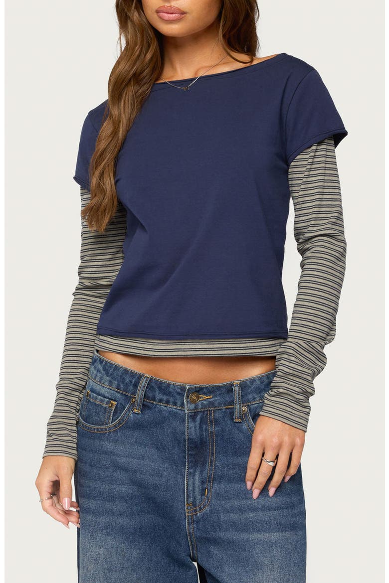 Layered Striped Long Sleeve T-Shirt, Main, color, NAVY
