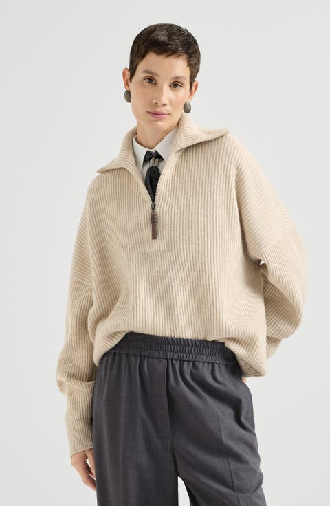 Cashmere English rib sweater with shiny zipper pull