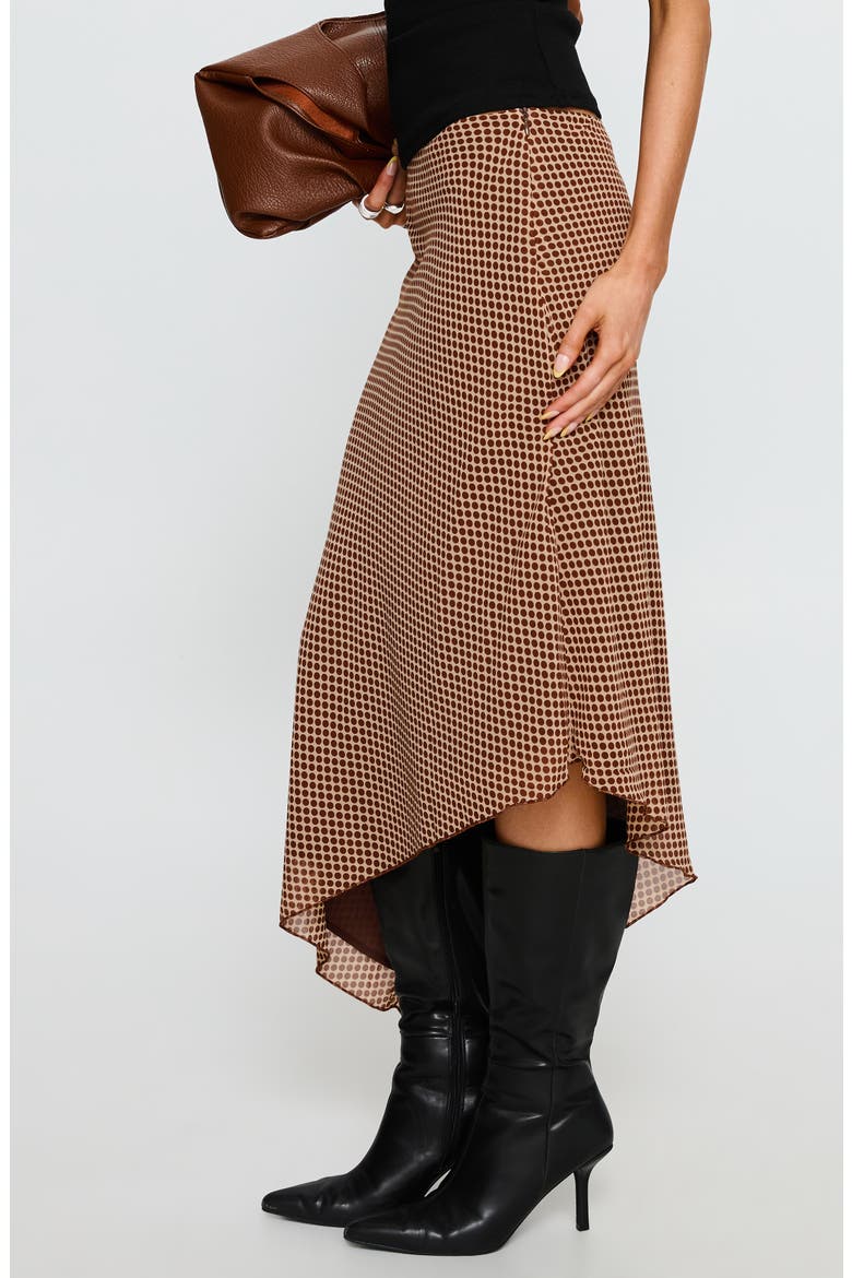Suella Polka Dot Asymmetric Midi Skirt, Alternate, color, BROWN POLKA DOT
