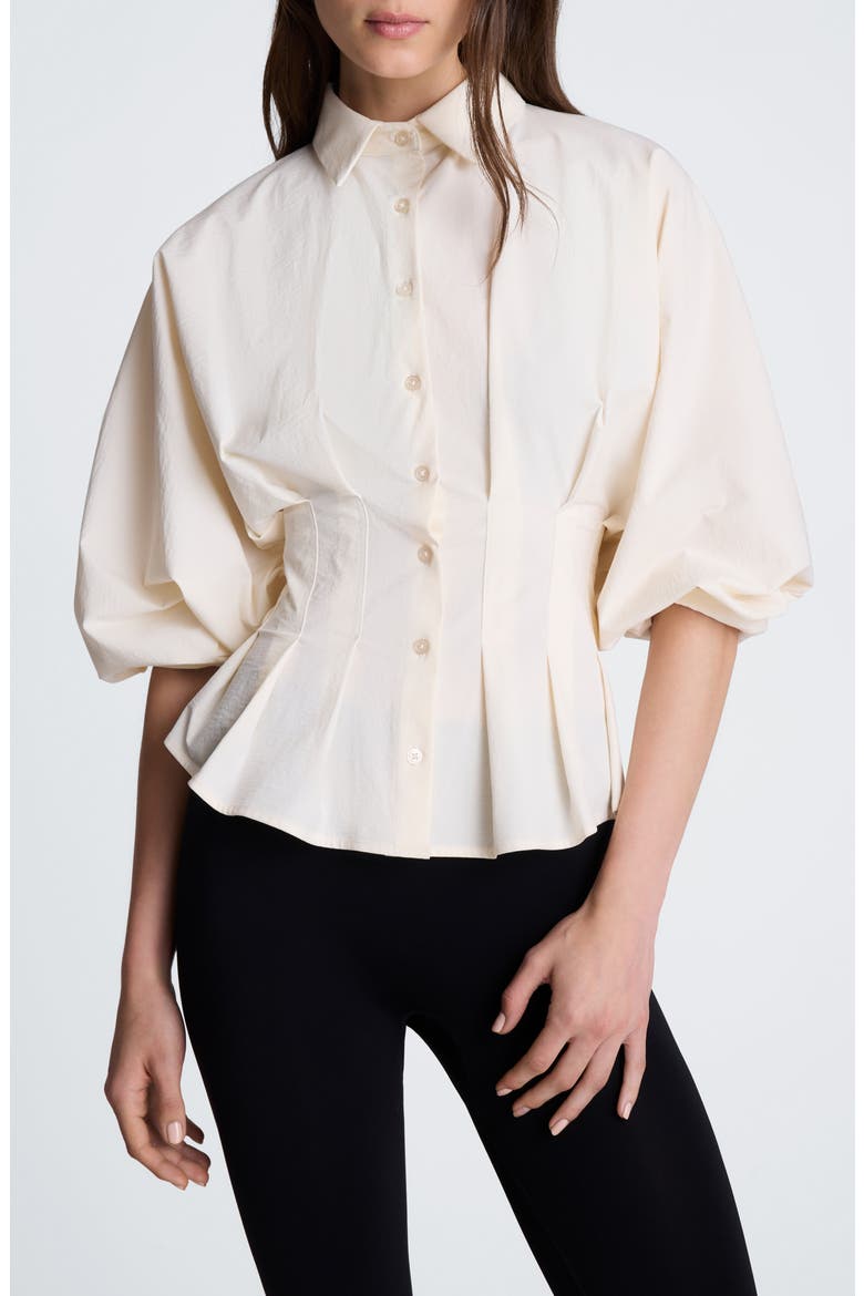 Pleated Button Front Shirt with Balloon Sleeves, Main, color, OYSTER