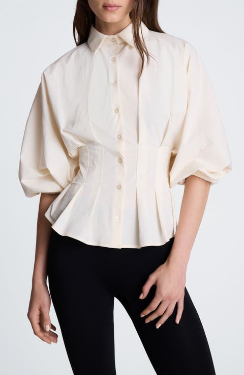 Pleated Button Front Shirt with Balloon Sleeves