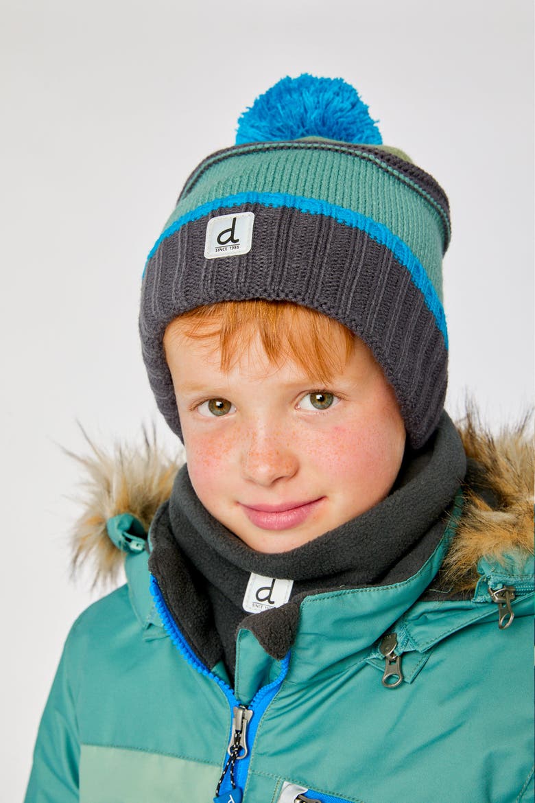 Winter Textured Stripe Fleece Lined Knit Hat with Pompom, Alternate, color, Blue and Grey Knitwear