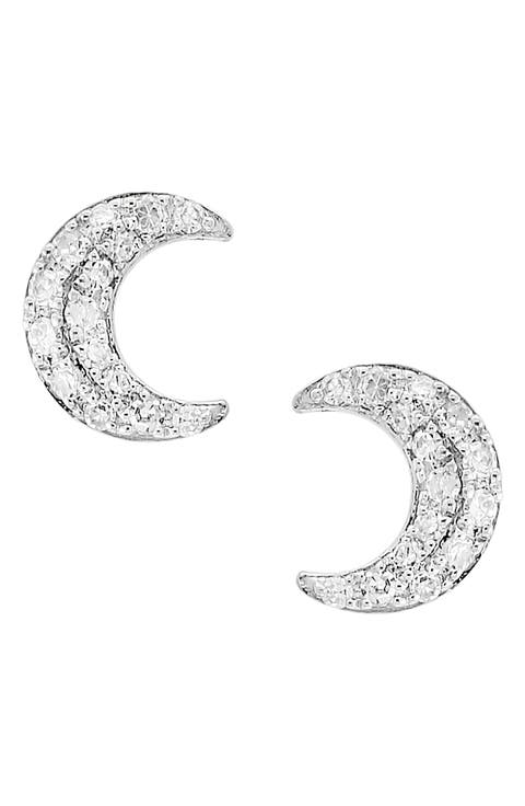 14K White Gold Pavé Diamond Crescent Moon Stud Earrings - 0.12ct.