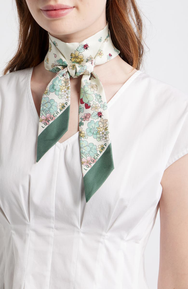 Longchamp Fleurs Silk Bandana Scarf, Main, color, Green