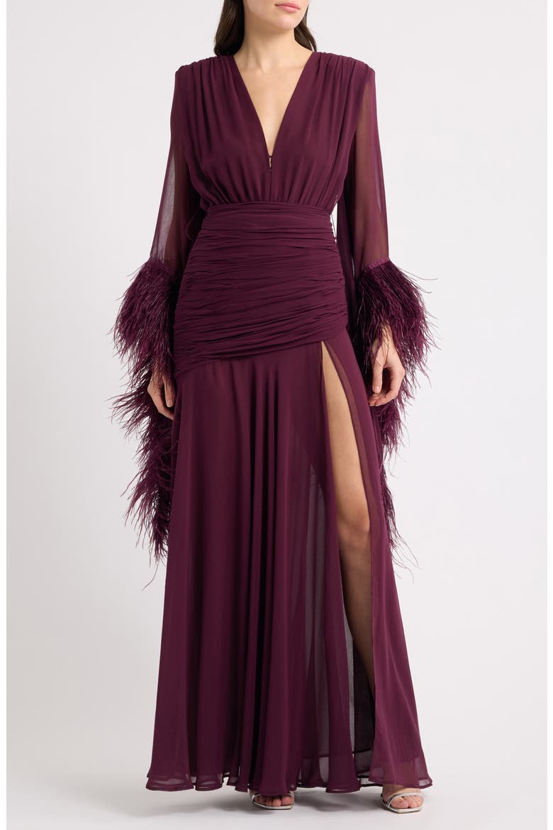Feather Detail Long Sleeve Ruched Gown, Main, color, BURGUNDY
