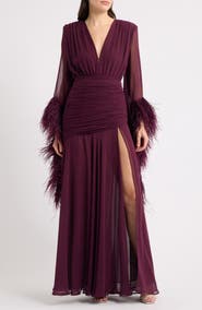 BRONX BANCO Feather Detail Long Sleeve Ruched Gown