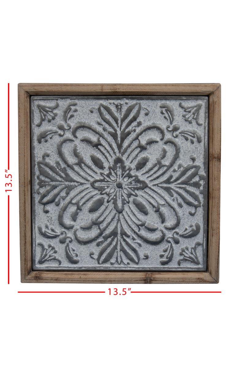 Foreside Home and Garden Whitewashed Tin Tile with Wood Frame Wall Decor, Alternate, color, Gray