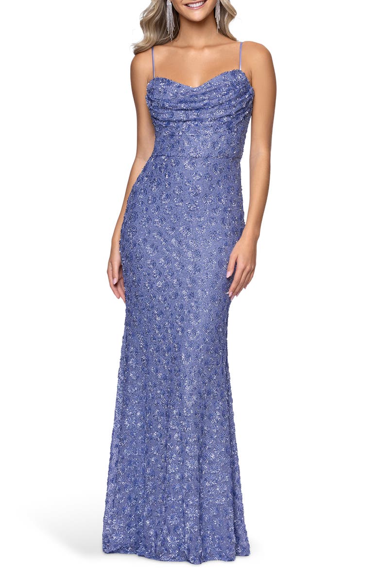 Blondie Nites Drape Sequin Sleeveless Gown, Main, color, Periwinkle