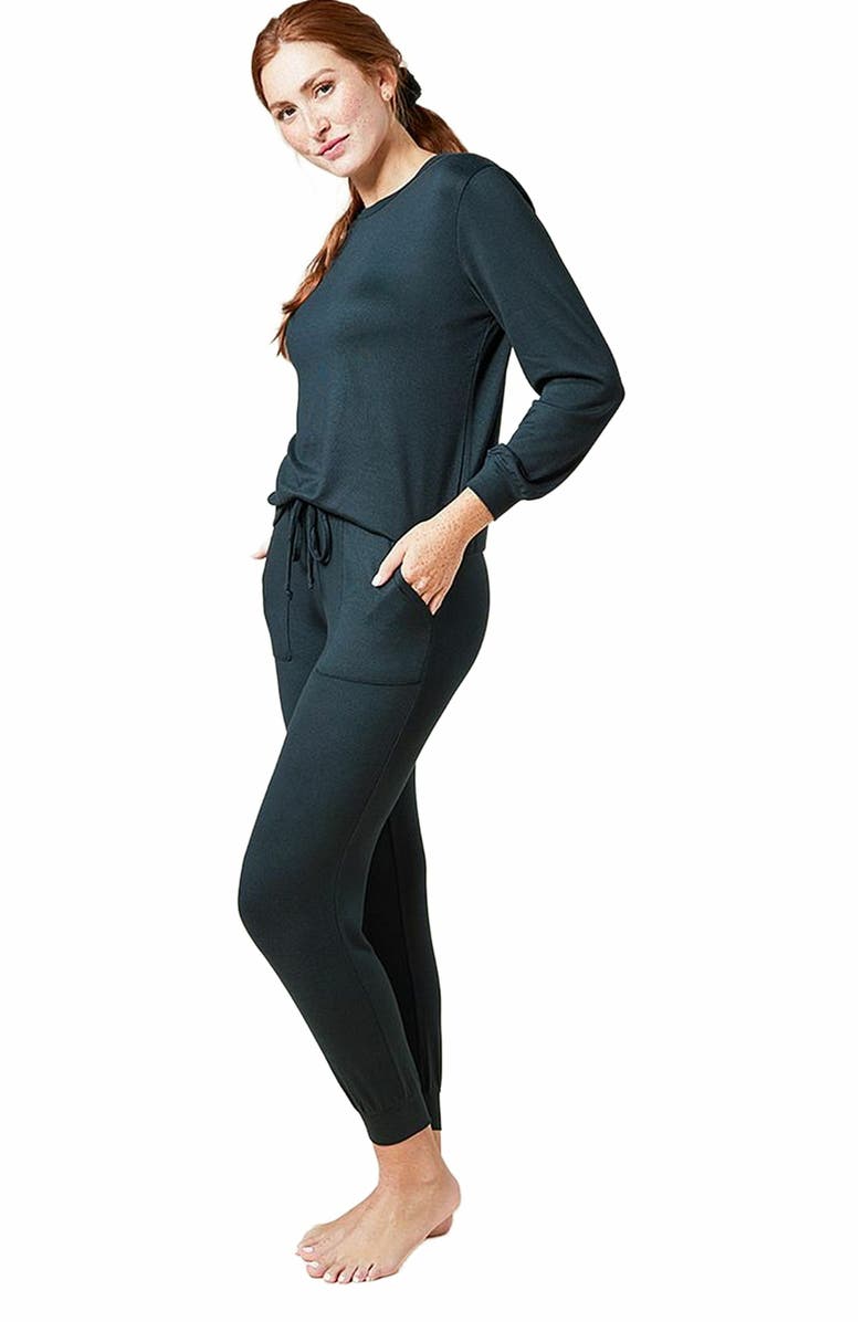 Softies Dream Jersey Long Sleeve Crew Neck Lounge Set with Jogger Pant, Alternate, color, Black