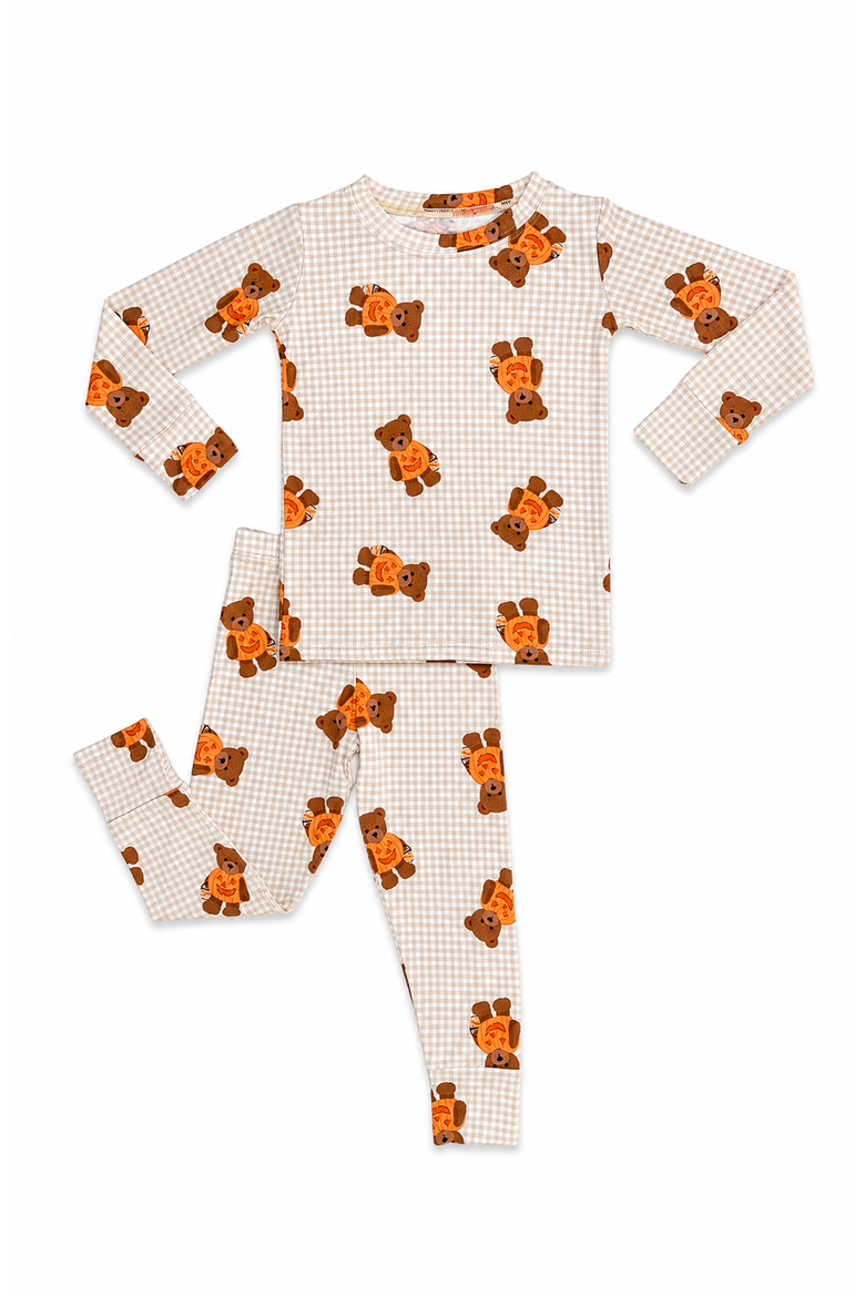 Gingham Little Boo Bear Two Piece Pajama Set, Main, color, Tan / Cream