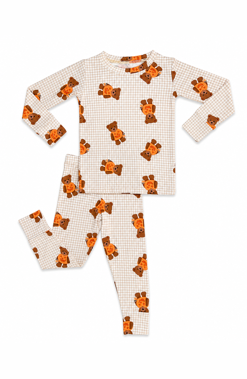 In My Jammers Gingham Little Boo Bear Two Piece Pajama Set In Tan/cream