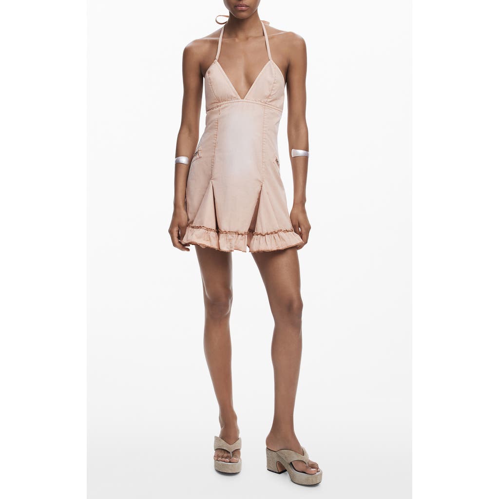 Desigual Ruffle Halter Cotton Minidress In Pink