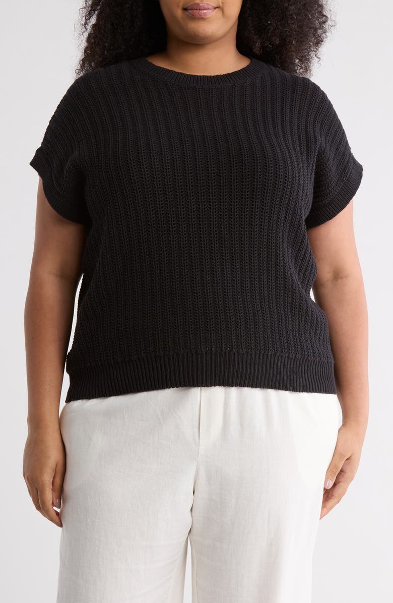 NORDSTROM RACK Cotton Short Sleeve Sweater, Main, color, Black