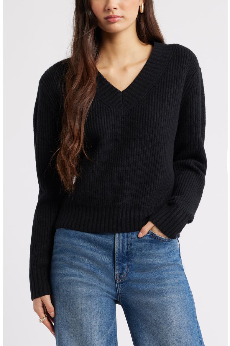 Rib V-Neck Sweater, Main, color, BLACK
