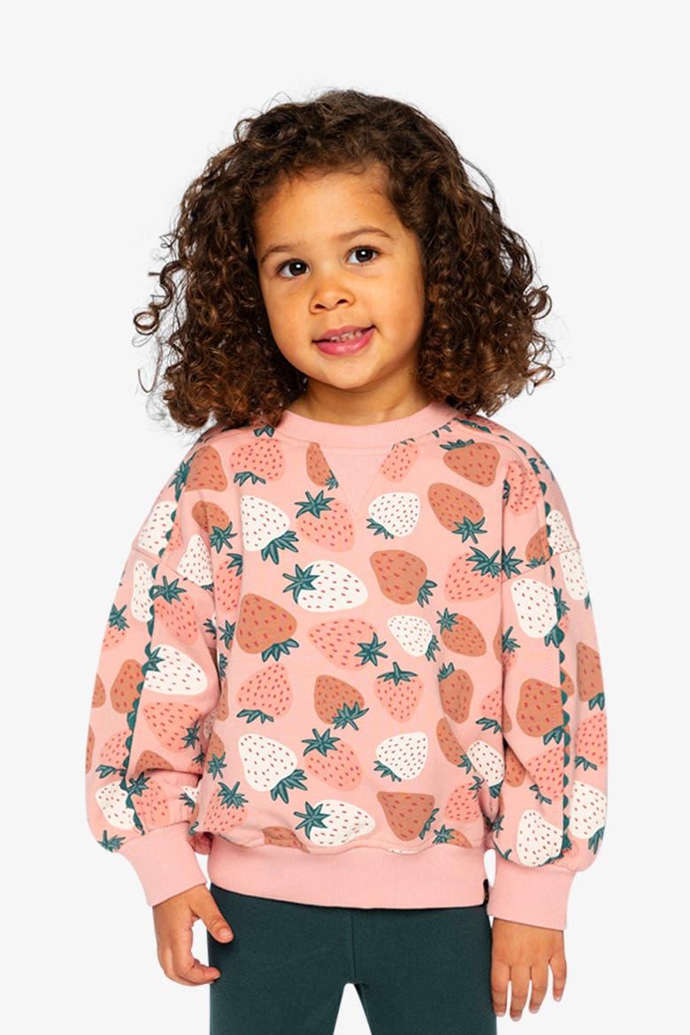 Frosted Strawberry Cozy Relaxed Balloon Sleeve Sweatshirt, Alternate, color, Pink Strawberry Print
