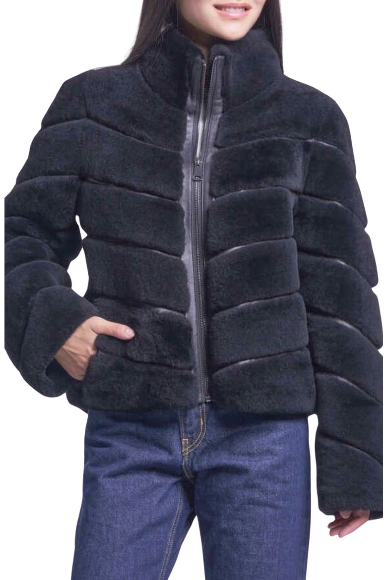Genuine Shearling Diagonal Quilted Jacket, Main, color, BLACK