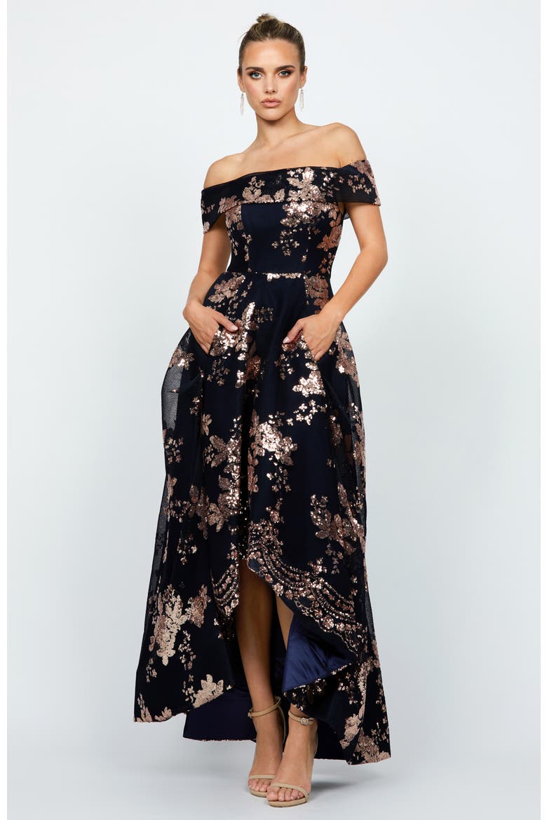 Jessie Off Shoulder Mesh Ball Gown, Main, color, ROSE GOLD/NAVY