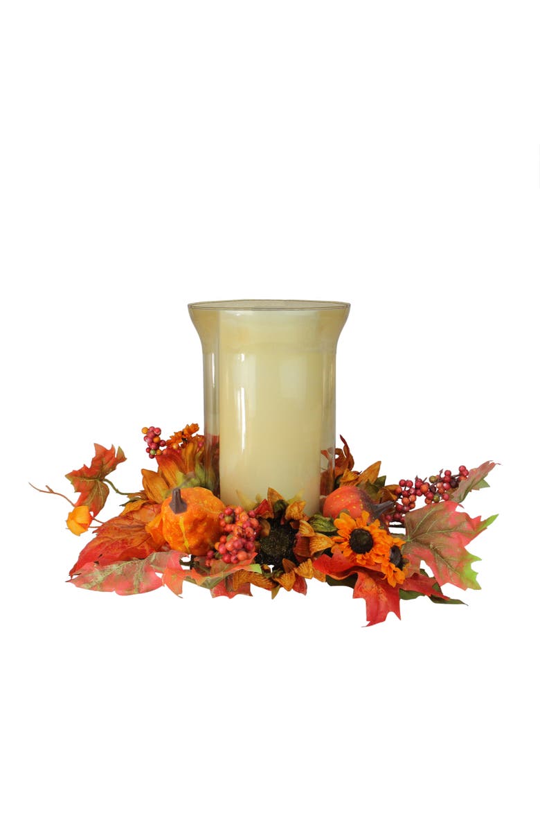 Northlight 16" Artificial Orange Fall Flowers and Pumpkins Pillar Candle Holder, Alternate, color, 