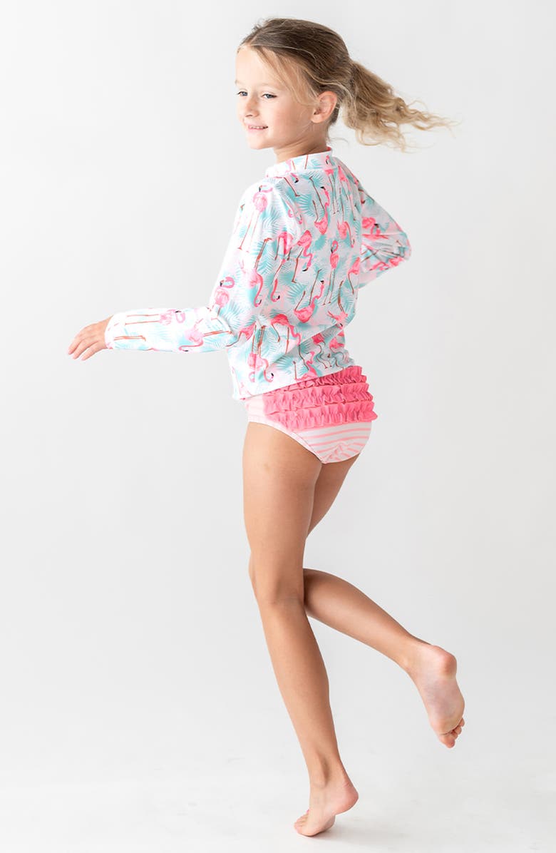 RuffleButts Kids' Vibrant Flamingo Long Sleeve Two-Piece Rashguard Swimsuit, Alternate, color, Blue