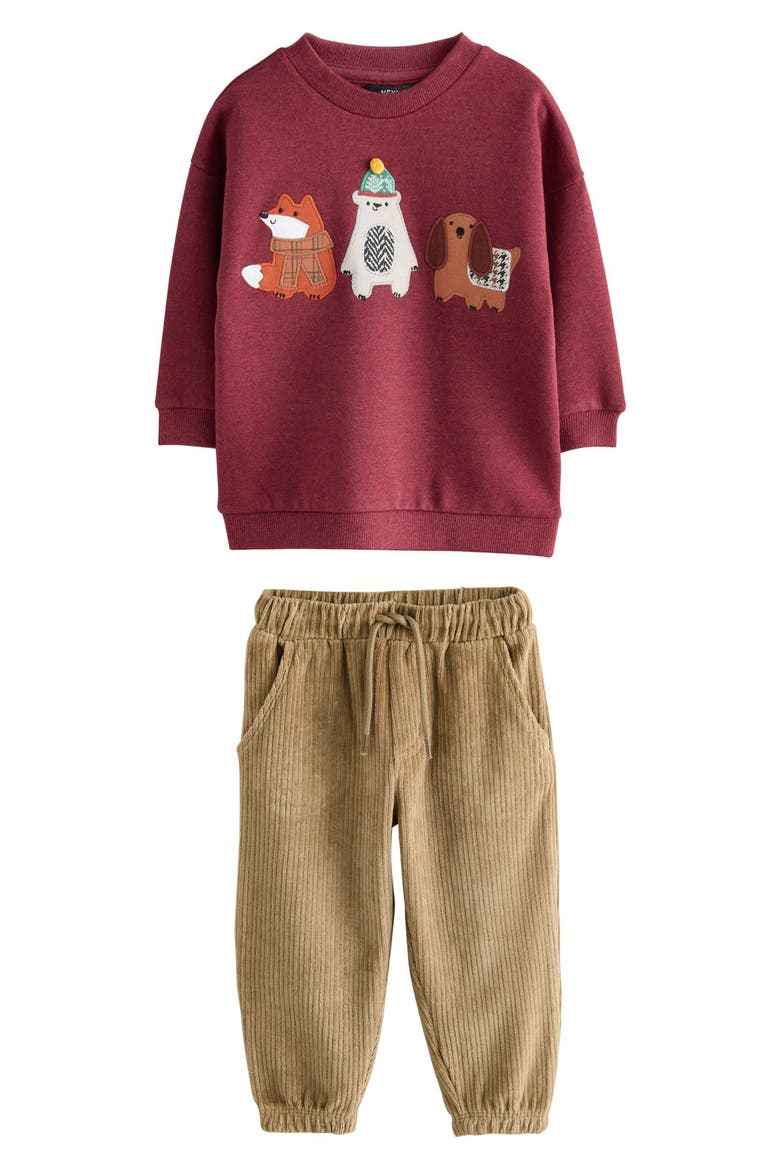 Kids' Animal Appliqué Sweatshirt & Corduroy Pants Set, Main, color, RED
