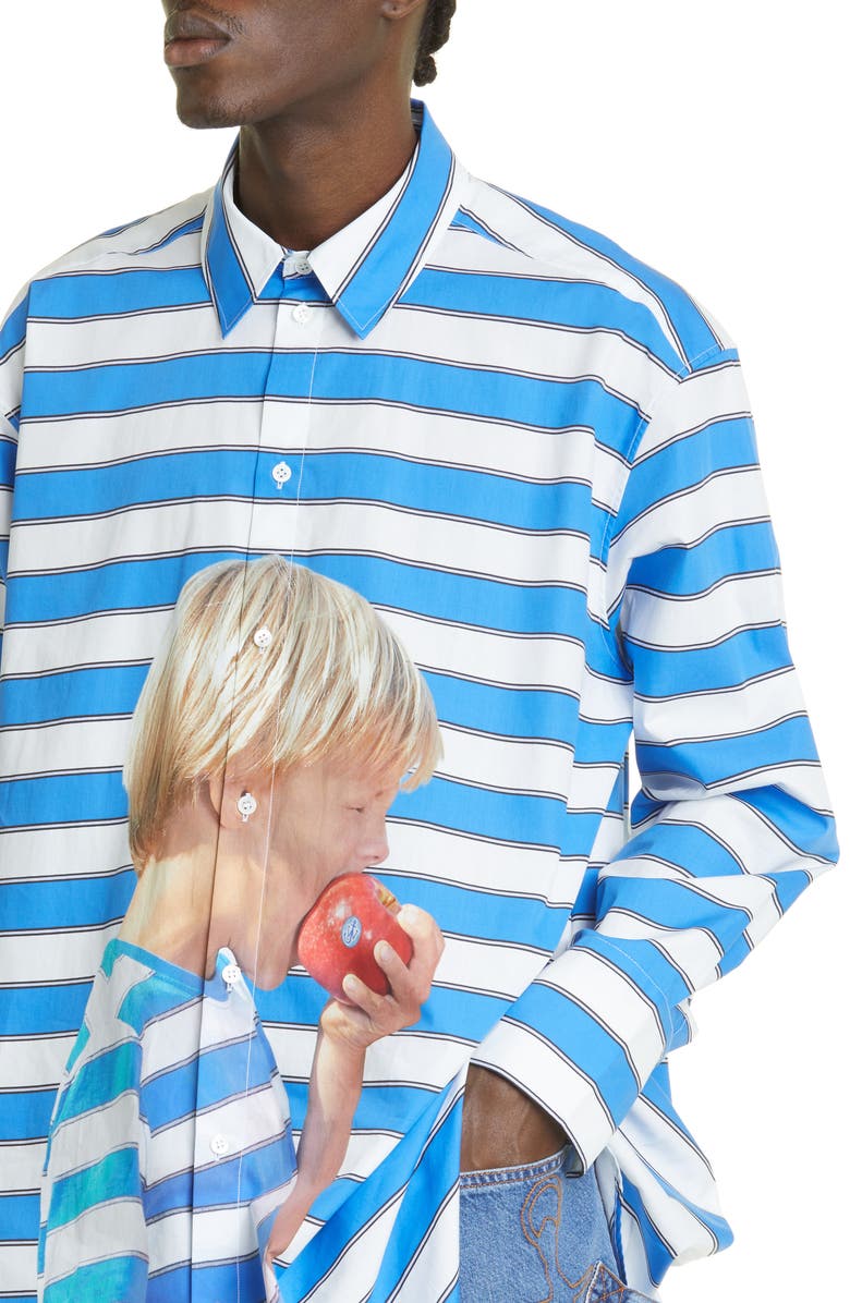 JW Anderson Stripe Boy with Apple Graphic Oversize Cotton Shirt, Alternate, color, 