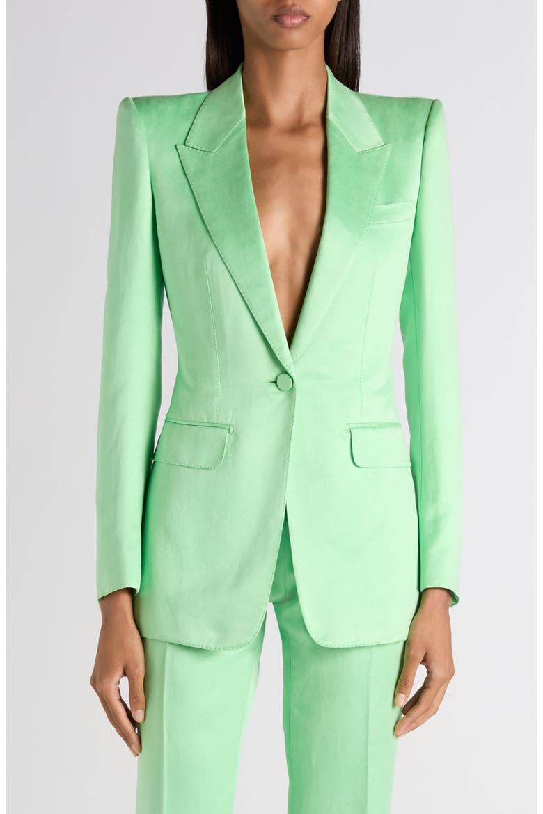 One-Button Duchesse Satin Blazer, Main, color, SUMMER GREEN