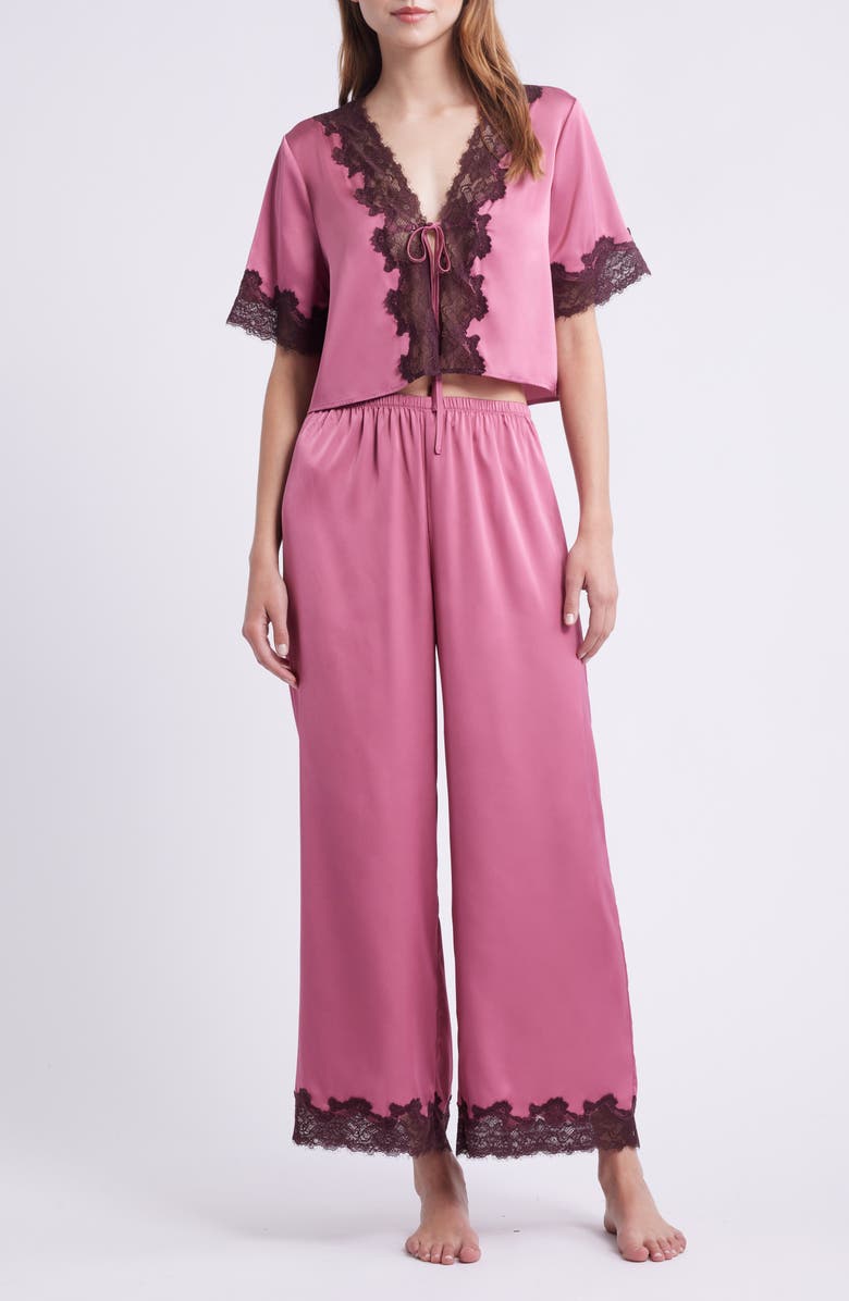 Open Edit Lace Trim Stretch Satin Crop Pajamas, Main, color, Pink Heather